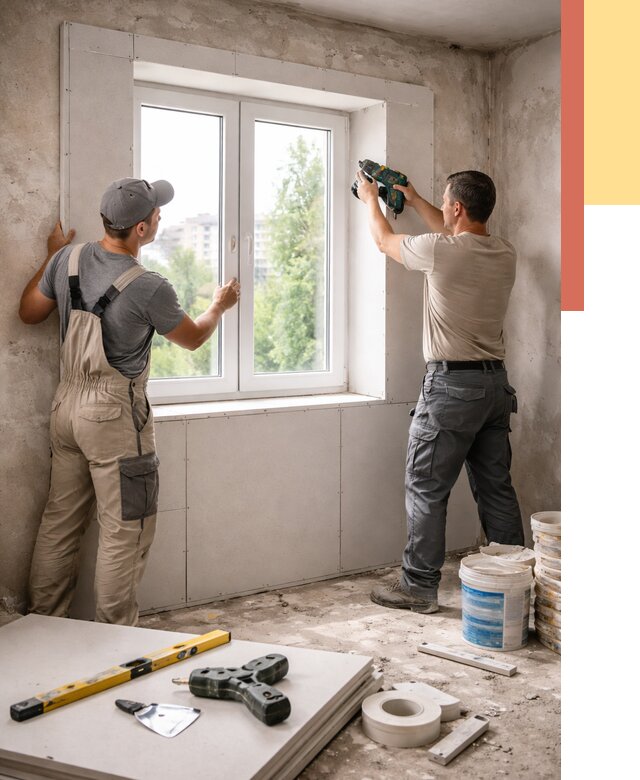 Монтаж откосов из гипсокартона в Вичуге от 4572 руб. под ключ | ОТДЕЛОЧНИК-Вчг