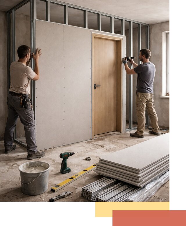 Перегородка из гипсокартона с дверью под ключ в Вичуге