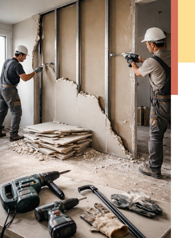 Демонтаж перегородки из гипсокартона в Вичуге от 1219 руб. быстро и недорого | ОТДЕЛОЧНИК-Вчг