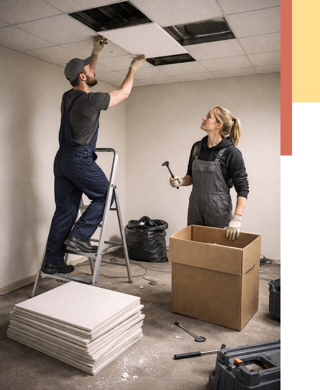 Демонтаж потолочной плитки в Вичуге от 4572 руб. быстро и недорого | ОТДЕЛОЧНИК-Вчг