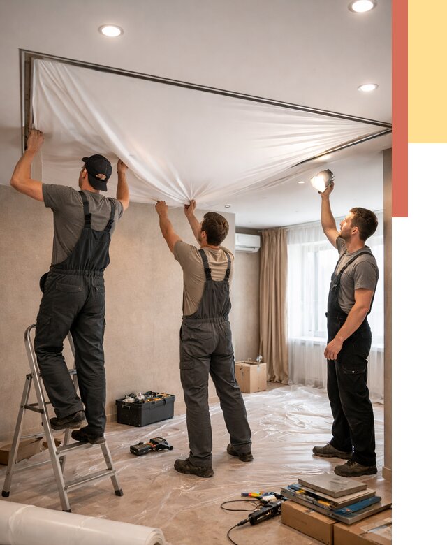 Монтаж ПВХ натяжного потолка в Вичуге от 3556 руб. под ключ | ОТДЕЛОЧНИК-Вчг