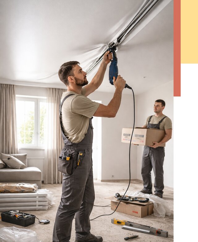 Монтаж сатинового натяжного потолка в Вичуге от 3556 руб. | Быстро, недорого — ОТДЕЛОЧНИК-Вчг