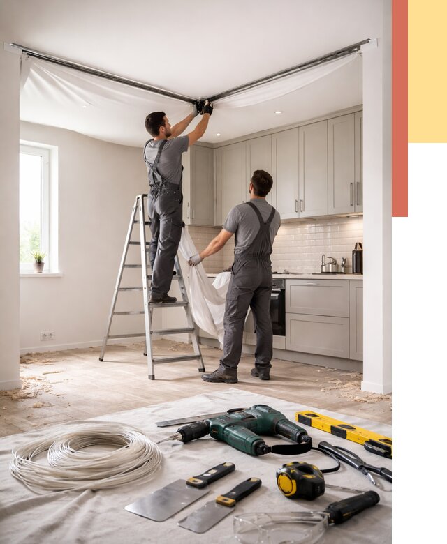 Установка натяжного потолка на кухне в Вичуге от 2438 руб. | ОТДЕЛОЧНИК-Вчг