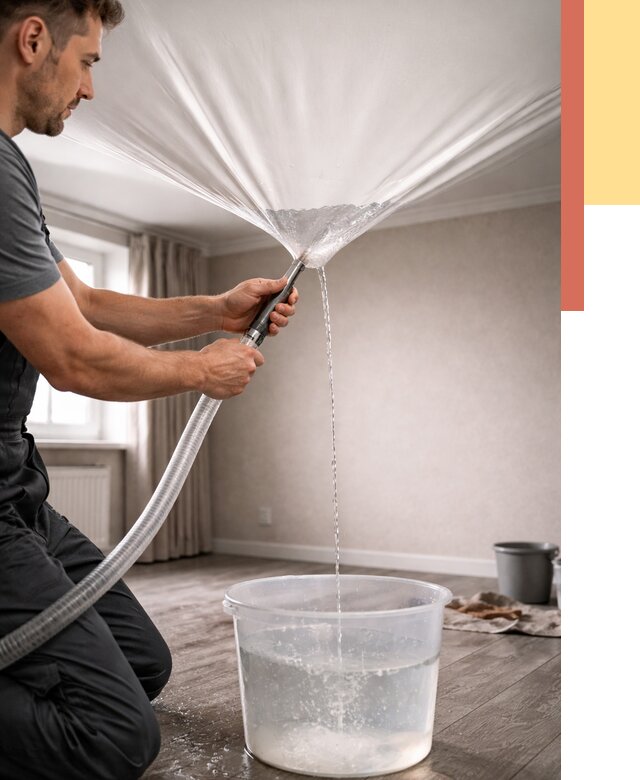 Слив воды с натяжного потолка в Вичуге от 2540 руб. быстро и недорого | ОТДЕЛОЧНИК-Вчг